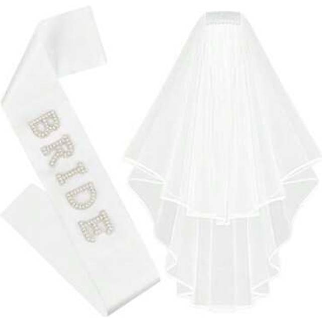 SHEIN Bride To Be Sash Bridal White Veil For Wedding 2Pcs Bride Pearl Satin Sash Bachelorette Veil Party Decorations Bridal Shower Veil With Comb Engagement