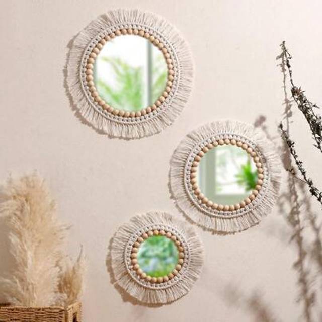 SHEIN 1pc Handwoven Boho Wall Mirror, Round Mirrors With White Wooden Beads, Macrame Hanging Wall Mirror, Wall Decor, Boho Wall Decor, Design From Artisans,