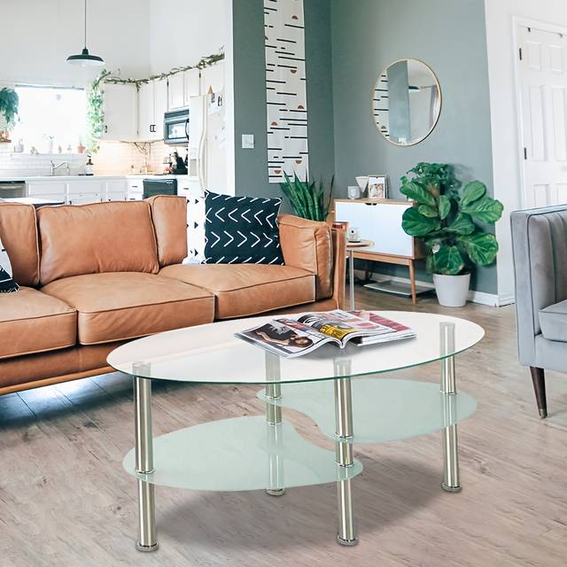 TEMU 2-tier Tempered Glass Coffee Table With Stainless Steel Legs | 90x50x43cm Modern Living Room Center Table | Durable, Scratch-resistant & Easy- For Apartments/small Spaces