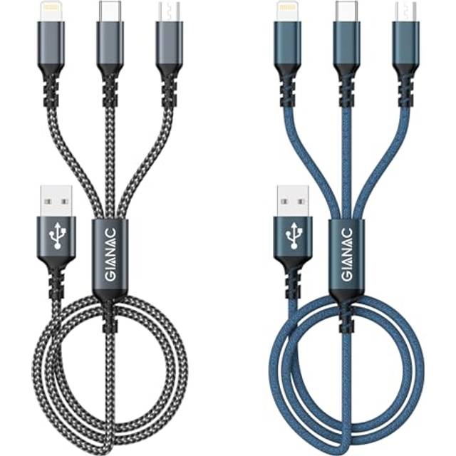 Multi Charger Cable, USB Charger Cable [2Pack 1.2M] 3 in 1 Multiple USB Cable Nylon Braided with Micro USB Type C Lightning Connector for iPhone,