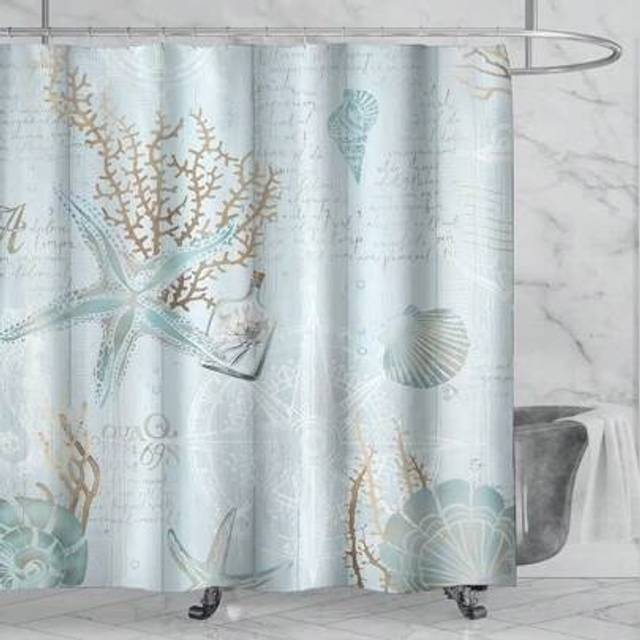 SHEIN 1PC-Light Blue Wooden Starfish Shower Curtain Set, Including Waterproof Shower Curtain With 12 Plastic Hooks, Bathroom Non-Slip Floor Mat, Toilet U-Sh