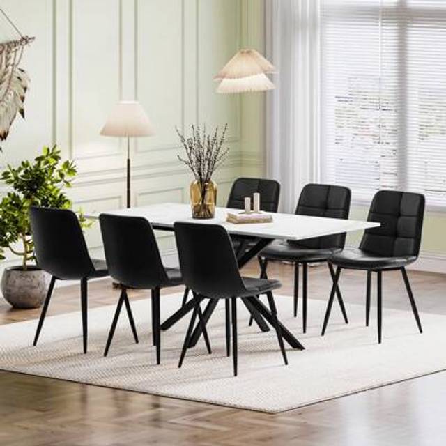 SHEIN Luxstein Extendable Dining Table And Chairs Set Of 4, Concrete Effect Rectangular Table With Upholstered Linen Chairs For Dining Room,Kitchen