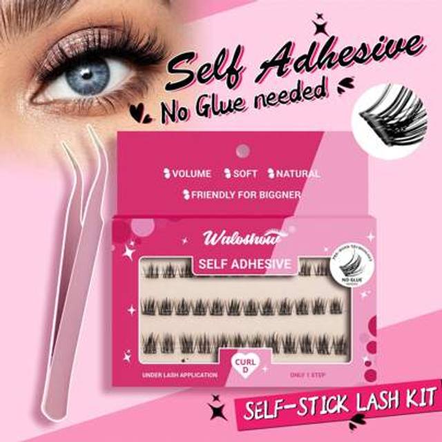 Waloshow 36 Pcs D Curl Super Soft Self-Adhesive False Eyelashes No Glue Needed Self-Adhesive Lashes With Tweezers Easy Apply Self-Stick Eyelashes Instant Stick