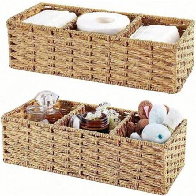 SHEIN 1pc Handmade Woven Storage Basket, Rattan Organizer Basket, Toilet Basket - 3 Section Water Gourd Rattan Basket Suitable For Home, Bedroom, Bathroom A