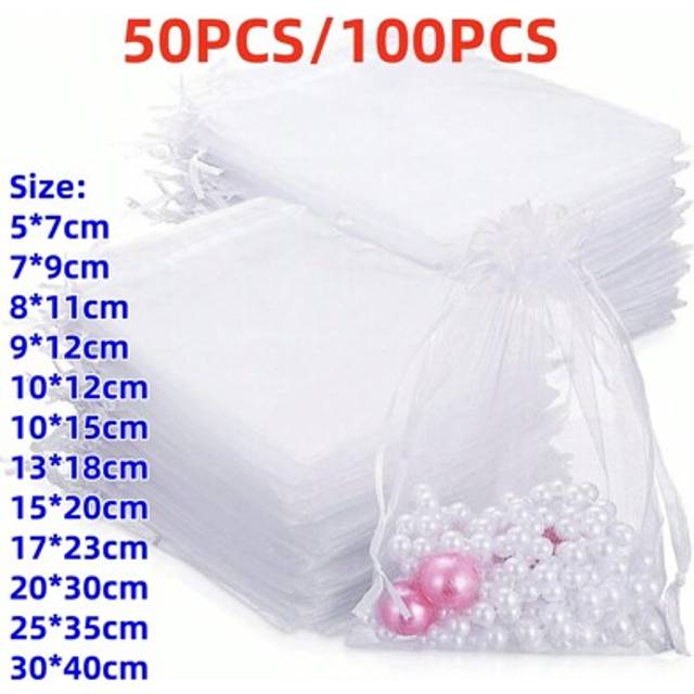 SHEIN 50/100pcs White Organza Gift Bags, Candy Bags For Tableware, Wedding Necessities Favor Bags, Halloween & Christmas Home Supplies Packaging Bags