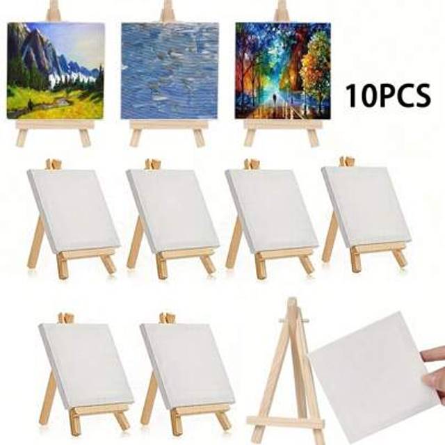 SHEIN 1/10 Pack Mini Canvas And Easel Set Mini Canvas Panels Mini Wood Easels, For Painting, Oil Painting And Diy Doodle&#34;,Christmas Gift,Back To School,Scho