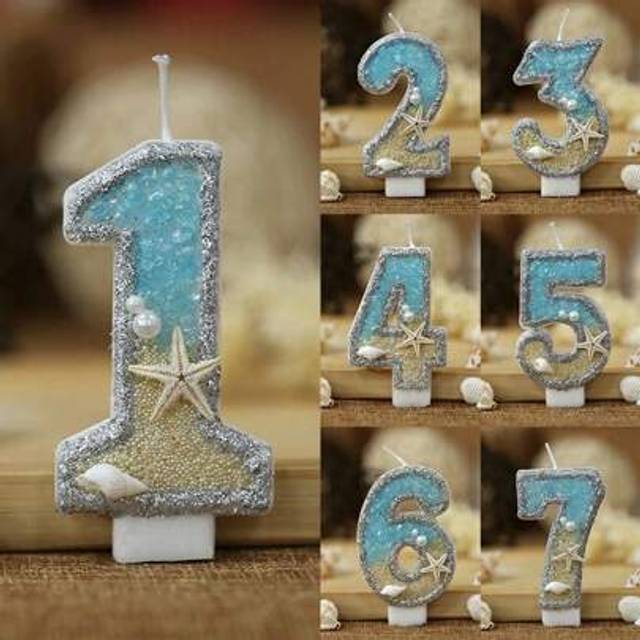 SHEIN 1PC 0-9 Digital Glitter Candles Summer Beach Starfish Birthday Cake Decoration Candles Ocean Themed Party Cake Decoration,