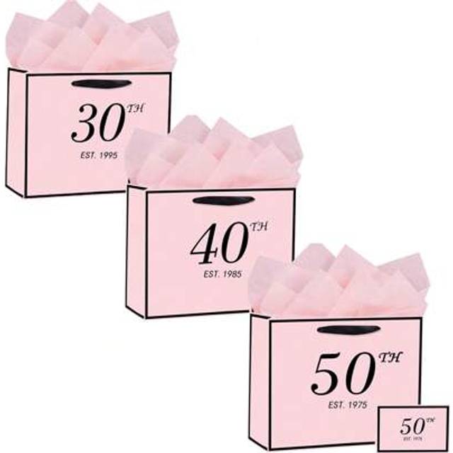 SHEIN 1set/2sets/5sets,Pink 30th/ 40th/50th Birthday Gift Bag With Card And Tissue Paper For Men Women, 1995/1985/1975 30/40/50 Year Old Elegant Pink Black