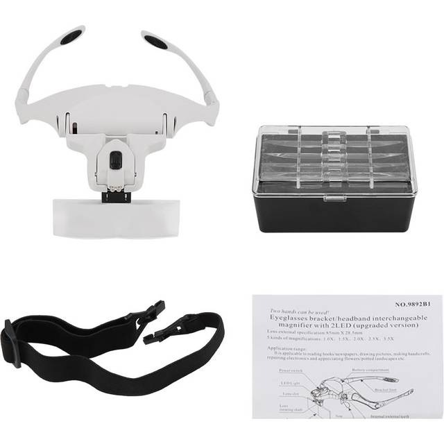 Hands Free Eyeglasses Bracket Magnifier with 5 Pcs Lenses Headband 2 LED Head Lights