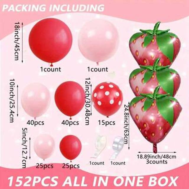 SHEIN 152pcs Strawberry Themed Balloon Garland Arch Set, Including Red, Pink And Other Latex Balloons And 3 Strawberry Shaped Aluminum Film Balloons, Perfec