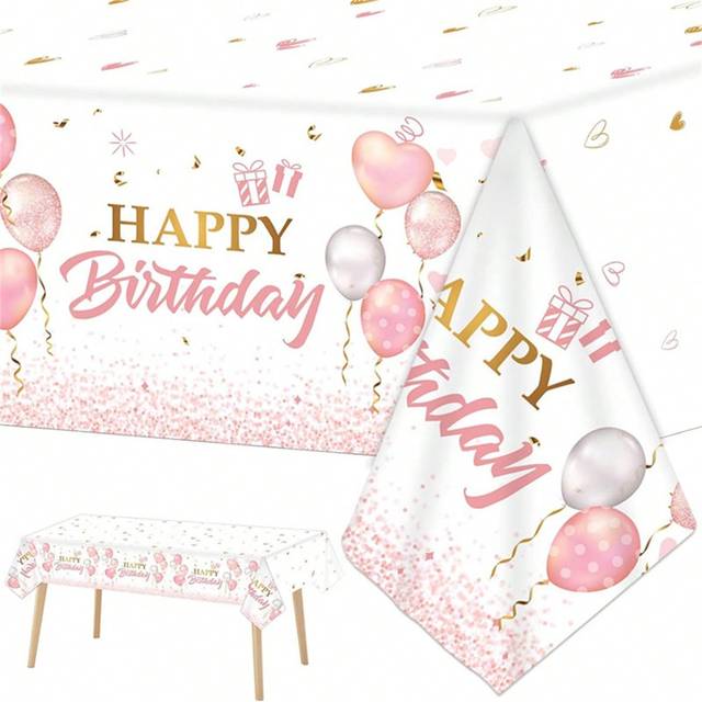 SHEIN 1Pc Pink Balloons Happy Birthday Tablecloth Rose Golden Princess Birthday Decoration Party Table Covers For Rectangle Tables Women Bachelor Parties Ha