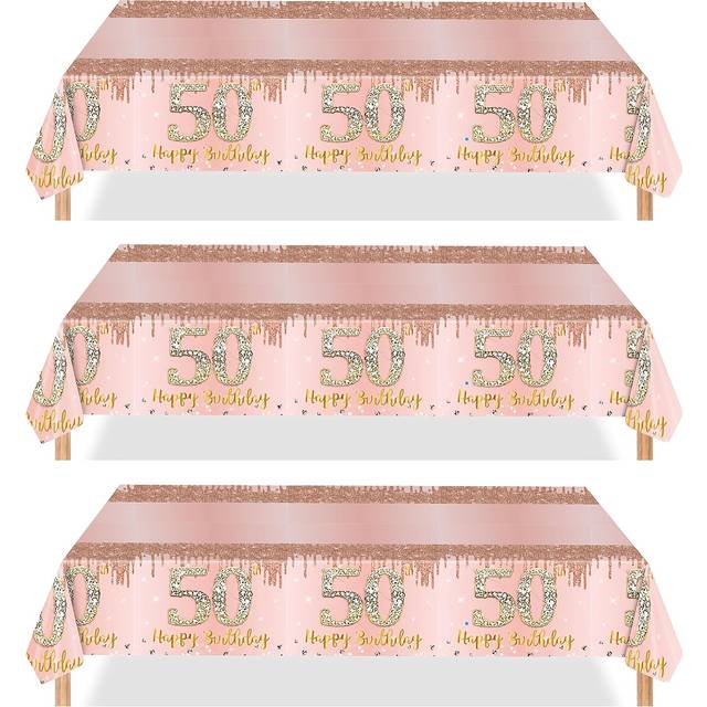 TEMU Set Of 3 Pink Table Covers For A 50th Birthday Celebration, Women, Featuring Happy 50th Birthday Decorations. Disposable Plastic Tablecloths For A 50th Birthday Party (54x108 Inches).