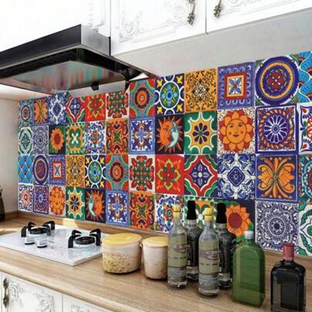 SHEIN 24pcs/Set Classic Backsplash Wall Art Sticker, Mexican Mosaic Wall Tile Pattern Removable Mural, Self-Adhesive Waterproof Peel-And-Stick Wallpaper For
