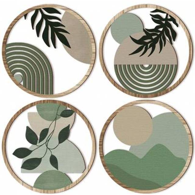 SHEIN 4 Pcs Boho Green Wall Art Wooden Bohemian Wood Plant Wall Sign Decor Hanging Art Plaque Sign Decor, Farmhouse Geometric Hanging Decor Aesthetic Wood M