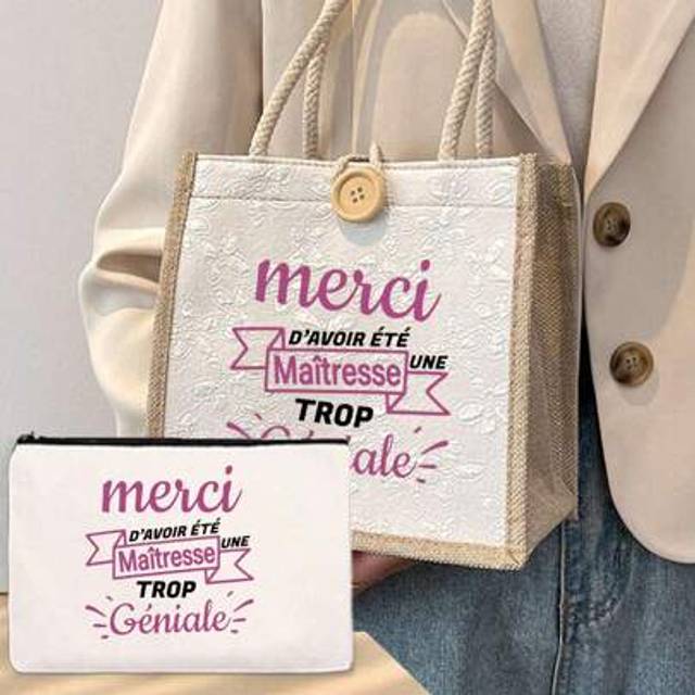 SHEIN 1/2Pcs French Print Cosmetic Bag, Teacher Theme Handbag And Cosmetic Bags Set, &#34;Thank You Teacher&#34; Design In French And English Personalized Wedding G
