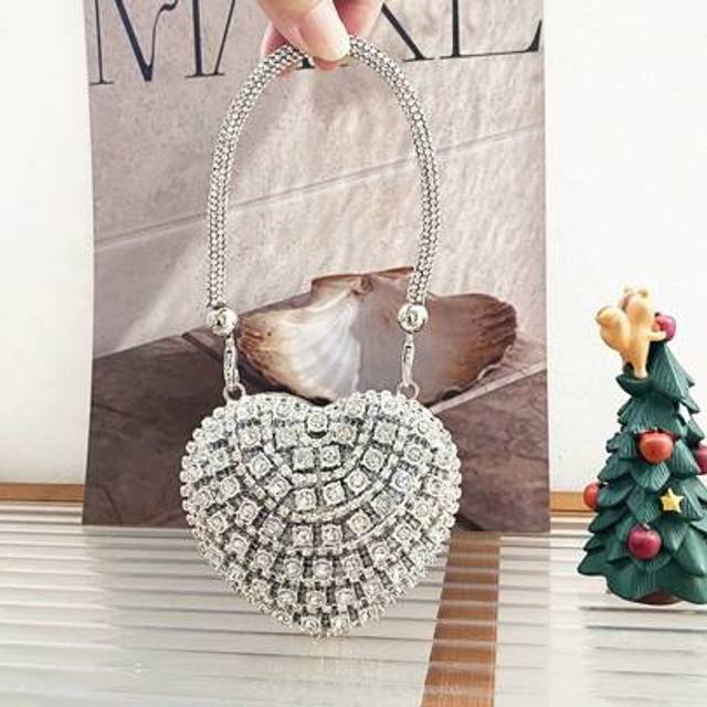 SHEIN Luxury Mini Diamond Inlay Heart Shape Crystal Clutch Purse Stones Evening Wedding Party Shoulder Bags Handle Rhinestone Handbags