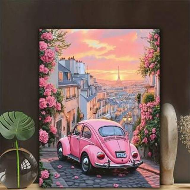 SHEIN 5d Diy French City Scenery Pink Car Full Round Diamond Painting Kit Mosaic Portrait Art Full Drill Diamonds Embroidery Craft,Living-Room Decor,Framele