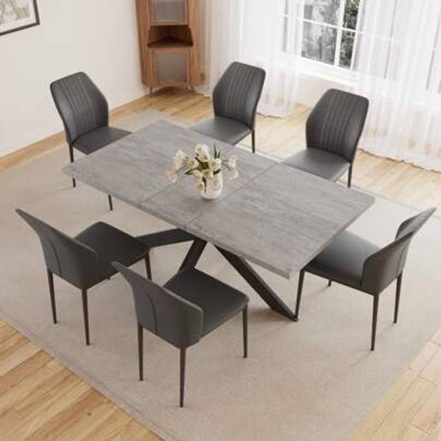 SHEIN Stylish 7-Piece Extendable Dining Set With 6 Padded Chairs â Carbon Steel & MDF, Combining Elegance And Durability