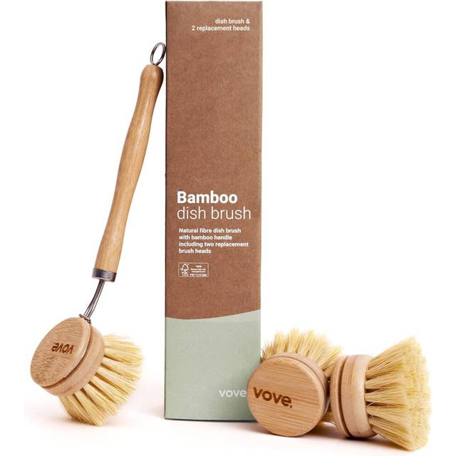 Vove Bamboo Dish Brush Long Lasting Brush with 3 Replacement Heads Natural Bristle Wooden Dish Brush for Washing and Cleaning Pot Pan Dish Bowl