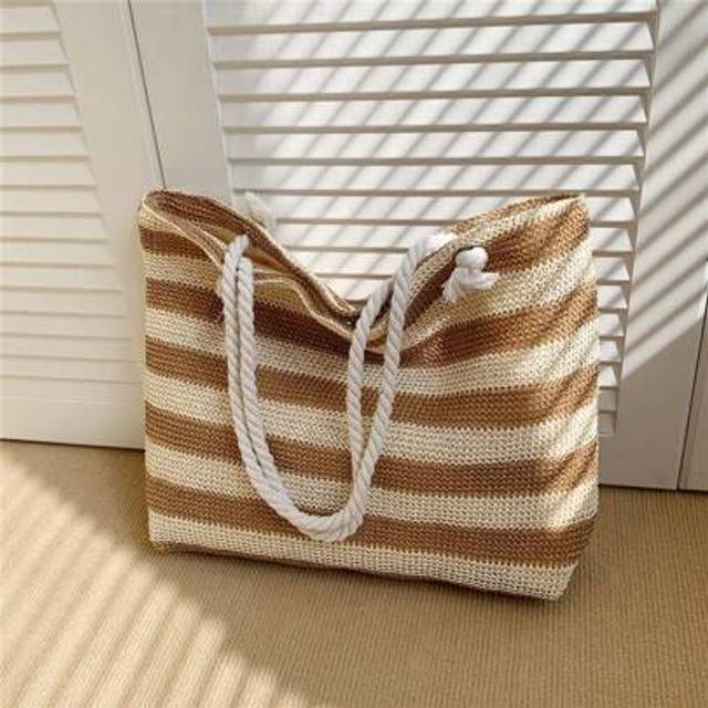 SHEIN New Large Capacity Woven Stripe Straw Bag Beach Style Weaved Basket Tote For Women With Shoulder Strap Color Block Woven Straw Bag For Women, Large Ca
