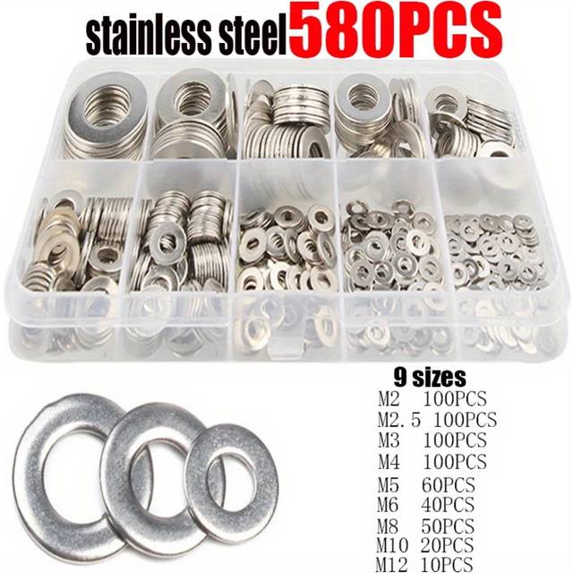 TEMU 580pcs, Stainless Steel Washer Plain Washer Kit Screw Fastener Hardware Assortment Accessories M2/m2.5/m3/m4/m5/m6/m8/m10/m12