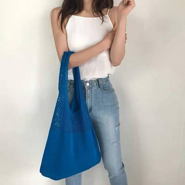 SHEIN Chic Boho Crochet Beach Tote - Solid Color Knit Shoulder Bag With Mesh Design, Perfect For Summer Vacations & Everyday Use