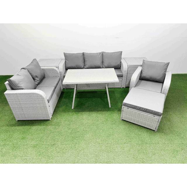 Fimous Rattan High Back Lounge Sofa Set Patio Dining Table & Chairs Set with 3 Seater Sofa Reclining Chair 2 Side Tables Big Stool Light Grey