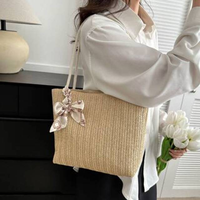SHEIN Casual Beach Shoulder Bag For Women Tote Designer Woven Straw Travel Bag, Summer Essentials, Perfect For Vacation & Holiday, School Bag, Large Capacit