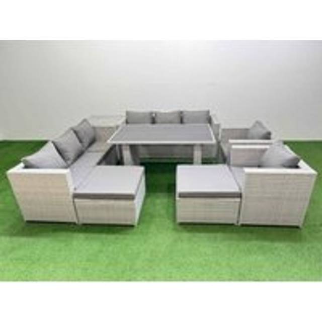10 Seater Wicker pe Rattan Furniture Outdoor Dining Table 3 Seater Sofa Armchair Set with Side Table 2 Big Stools Light Grey - Fimous