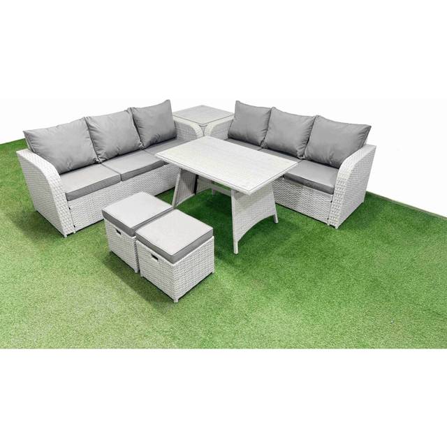 Rattan High Back Lounge Sofa Set with 3 Seater Sofa Side Table Stool - Light Grey - One Size