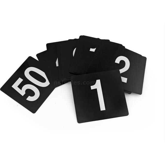 New Star Foodservice 23206 Plastic Double Sided Table Numbers  1-50  4-Inch by 4-Inch  Light Grey on Black