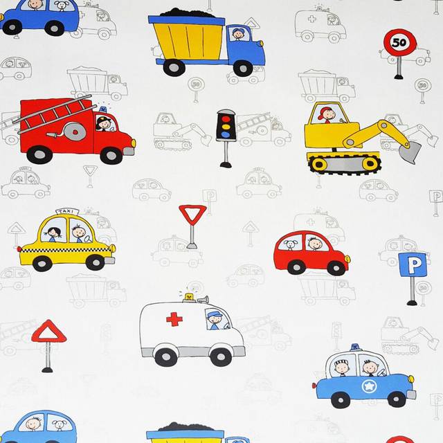 Kids boys children nursery wallpaper cars fire engine trucks lorries digger etc