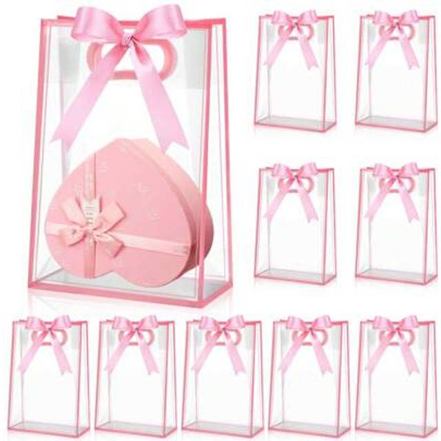 SHEIN 5pcs-Transparent Plastic Gift Bag With Die-Cut Handle, Reusable PP Flower Bag With Ribbon, Suitable For Wedding Bridal Birthday Party Business, Can Be
