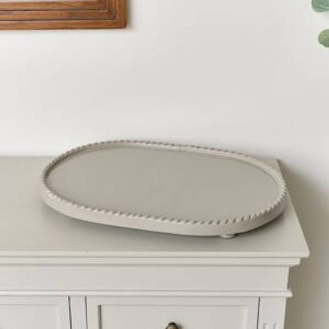 Large Oval Taupe Painted Wooden Detailed Tray - 52cm Material: New Products