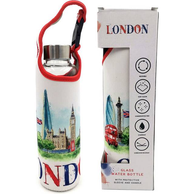 Reusable 500ml Glass Water Bottle With Protective Neoprene Sleeve - London Icons