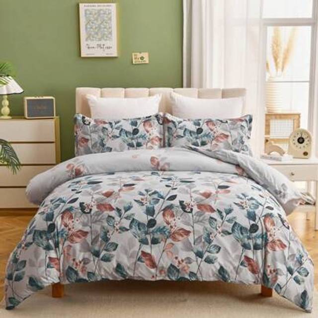 SHEIN Light Blue Duvet Cover Double Floral Bedding Set, Reversible Lightweight Leaves Bedding Sets 3PCS With Zipper Closure
