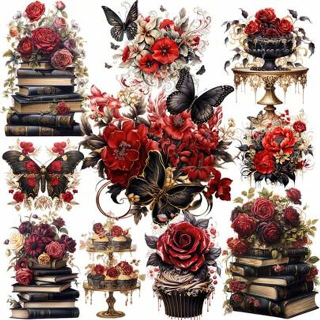 SHEIN 1 Pack Vintage Red Rose Flower Book Butterfly Stickers Decorative Creative Handmade Scrapbooking, Journal, Photo Album, School Craft Supplies
