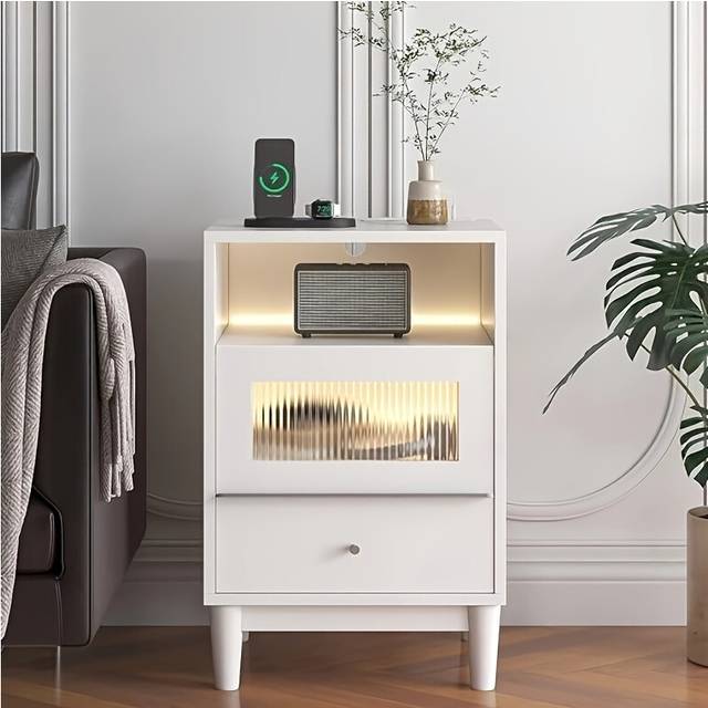 Modern White Bedside Table with Charging Station, Glass Drawers, and LED Lights - Stylish Wood Nightstand