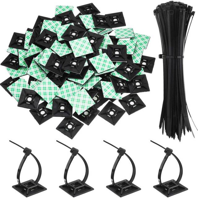 200 Pcs Black Zip Tie Adhesive Mounts Kit, 100 Pcs Self Adhesive Cable Tie and 100 Pcs Cable Tie Base Holders, Tie Wraps Wire Tie Mount Base Holders