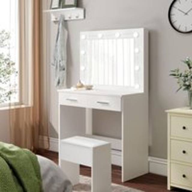 Dressing Table And Stool Set with LED Lit Mirror In White - One Size