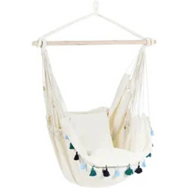 Indoor Outdoor Boho Hanging Hammock Swing Chair Cotton Seat Cushions Beige with Blue Varena