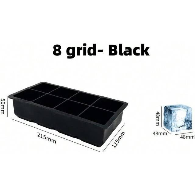 (8 grid- Black) 15Grid Big Square ice cube trays with lid and storage Ice Maker BPA Free Flexible Silicone Ice Cube Molds for Freezer Containers