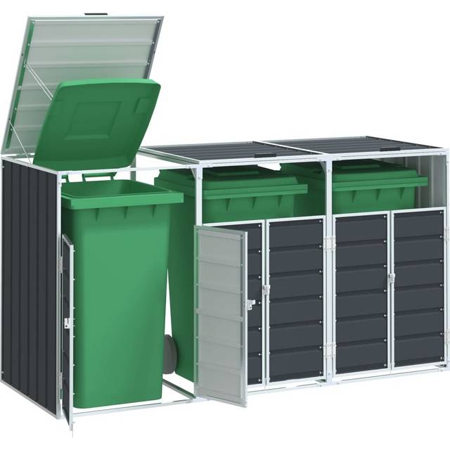 vidaXL Triple Wheelie Bin Storage in Anthracite Steel | Lidded Front-Access, 240 L Bin Compatible, Ventilated, Expandable 216 x 81 x 115 cm