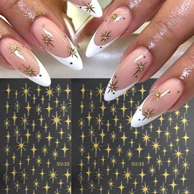 SHEIN 2 Pieces Gold Stamping Star Nail Stickers Y2K Gold Cross Star 3D Nail Art Decoration Self-Adhesive Nail Decals DIY