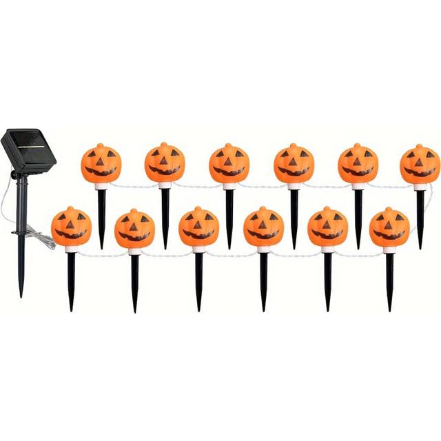 (Yellow Light, 1 To 12) Solar-Powered Pumpkin Pathway Lights - Outdoor Halloween Decor, Easy Install No-Tool Required, Festive Jack-o'-Lantern String