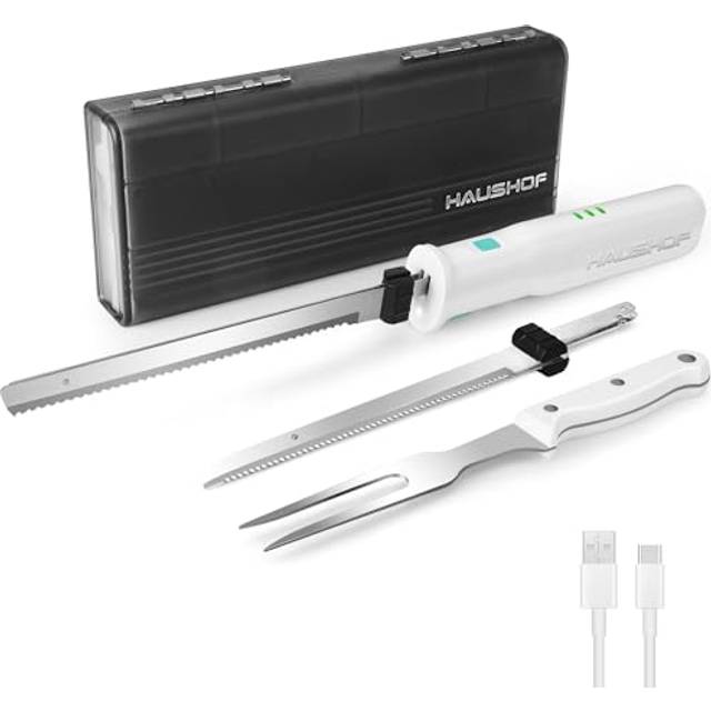 HAUSHOF 8 V elektrisk kniv – trådlös kökskniv, 2 blad i rostfritt stål, medföljande gaffel, diskmaskinssäker, med förvaringslåda, perfekt för kött, bröd, skinka och ost