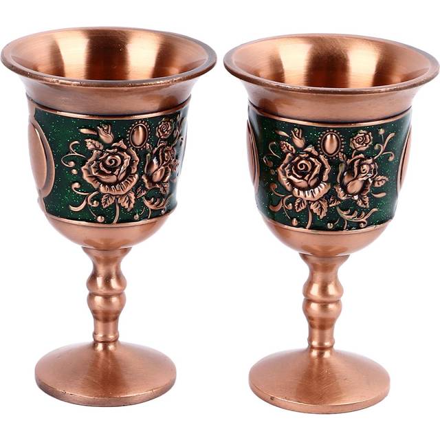 Vintage Metal Wine Glass Embossed Decorative Retro Metal Goblets for Home Bar 2pcs Rose Gold (Green