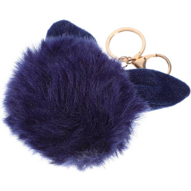 Pom pom ball keychain rabbit ear keyring bag charm decoration (navy blue)