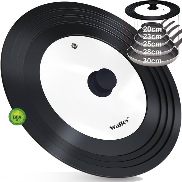 Walfos Universal Lid for Most Pots, Pans and Skillets? Fits 30cm 28cm 29cm 26cm 24cm 22cm 20cm Diameter - Tempered Glass with Heat Resistant Silicone