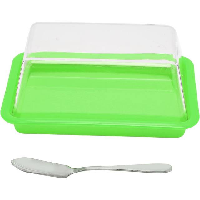 Quadrate Plastic Butter Storage Box Butter Cutter Cheese Container with Transparent LidGreen